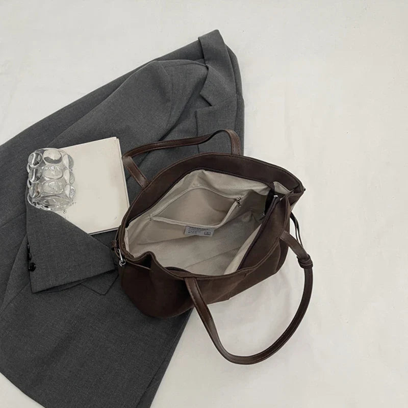Suede Shoulder Bags for Women Large Suede Totes Lightweight Underarm Bag Casual Shopper Handbag Solid Color Travel Bucket Bags
