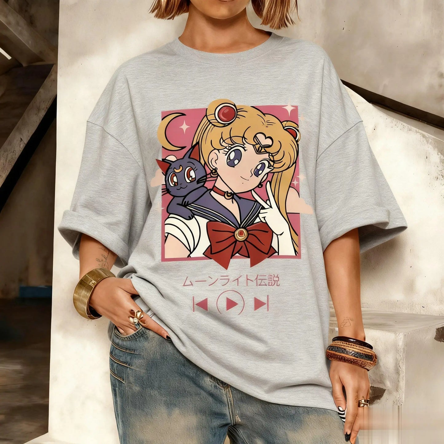 Camiseta Oversized Streetwear Kawaii Sailor Moon Gráfica Masculina Feminina Estampa Anime Manga Curta Verão Casual Roupa Y2k