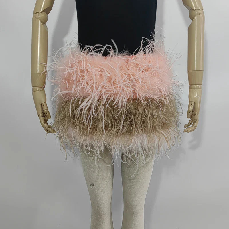 True ostrich feather Multicolor Mini Skirt Elastic Waist  Sexy Clothing Club Party Dance Rave Short Skirt Note select 3 colors