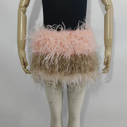 True ostrich feather Multicolor Mini Skirt Elastic Waist  Sexy Clothing Club Party Dance Rave Short Skirt Note select 3 colors