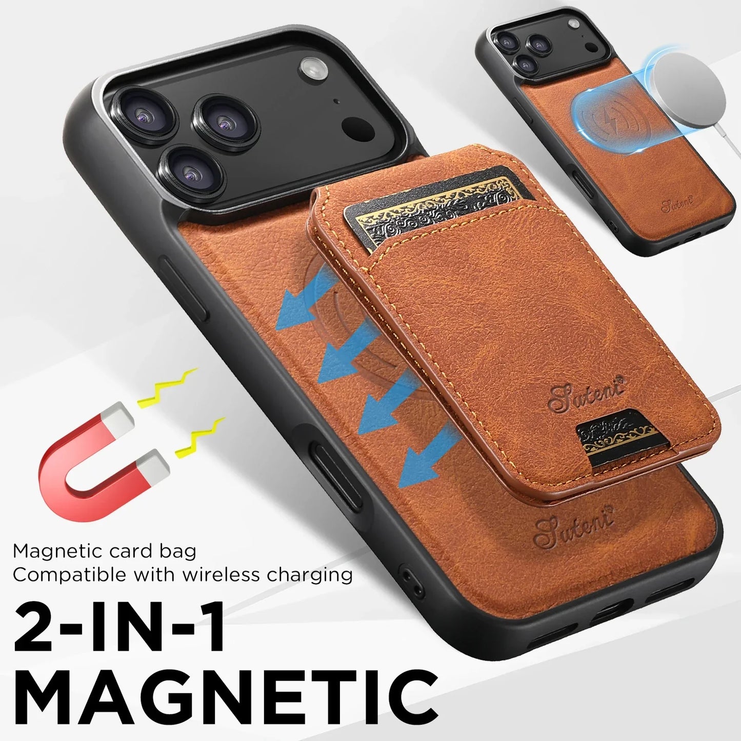 Wireless Charging Phone Case Magnet Card Holder Stand Faux Leather For iPhone 17 Pro Max 16 Plus 15 14 13 12
