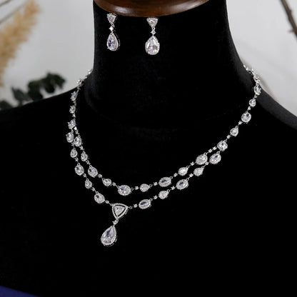 White Transparent Two-layer Water Drop 2PCS Crystal Necklace and Earring Zircon Jewelry Sets Wedding Party Bridal Accessories