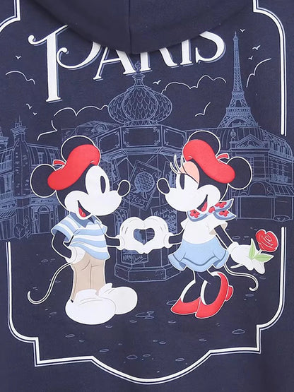 Mickey Mouse Paris Letter Cartoon Print Fleece Sweatshirt Fashion Unisex Women Pockets Hooded Zip Up Jumper Tops
