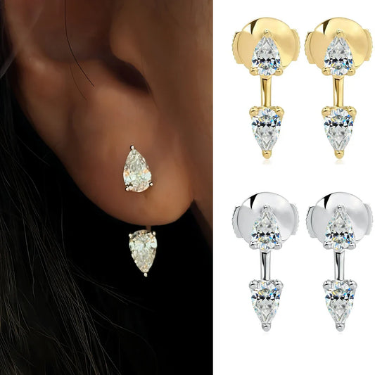 2-Stone Pear Cut Moissanite Diamond Earrings for Women 925 Sterling Silver Plated 18k Gold Waterdrop Earcuff Earring Detachable