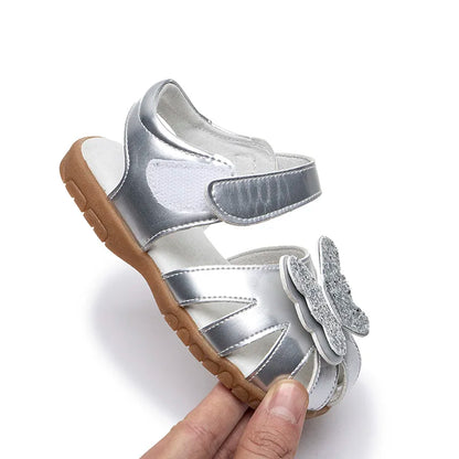 Leather sparkling butterfly Girls flat Sandals closed toe little kids girls summer shoes