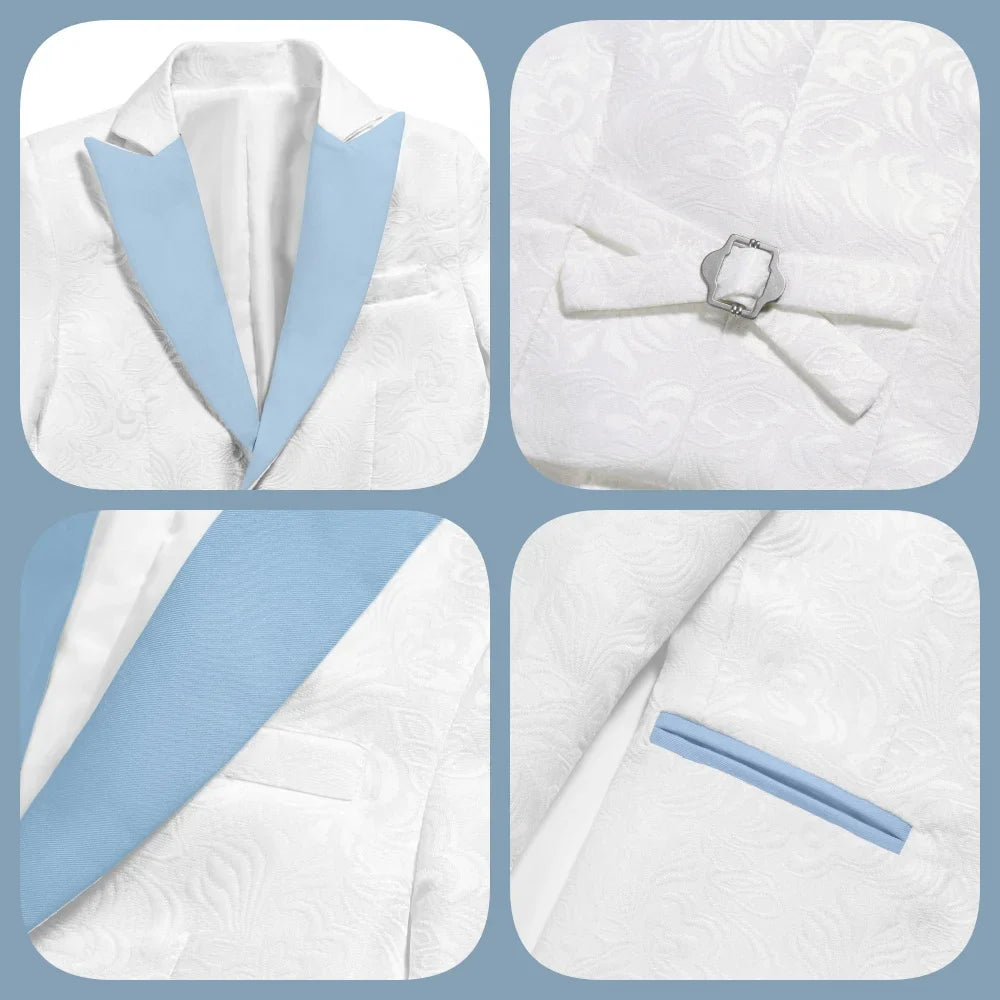 Premium Boys White And Light Blue Contrast Formal Suit Set 4PCS Design Elegant Occasion Wear For Wedding Banquet Performance