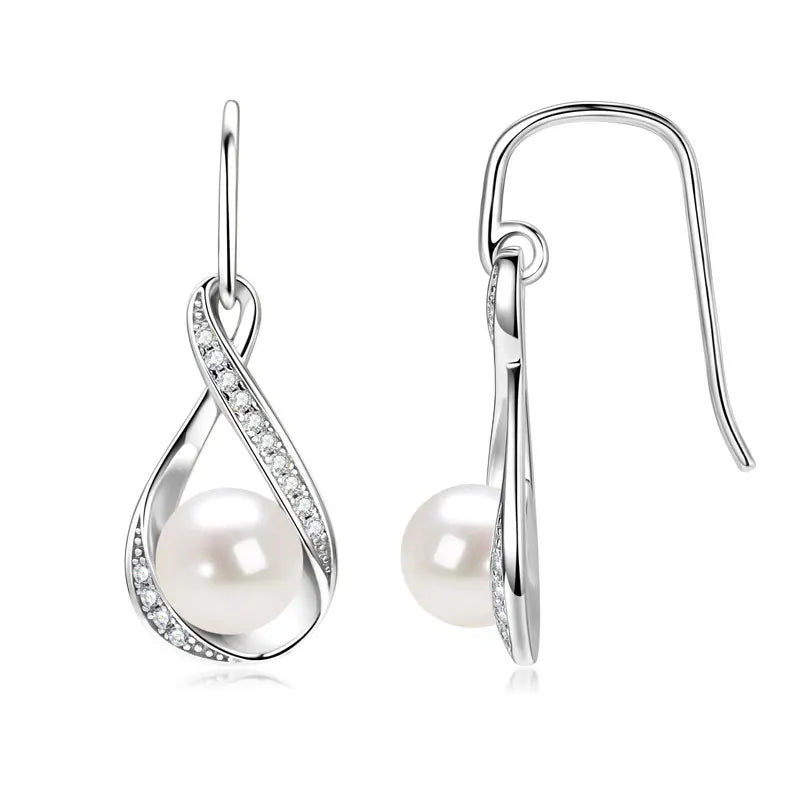 Moissanite Natural Freshwater Pearl Infinity Pendant Necklace & Earrings Sets for Women 925 Sterling Silver Wedding Jewelry Set