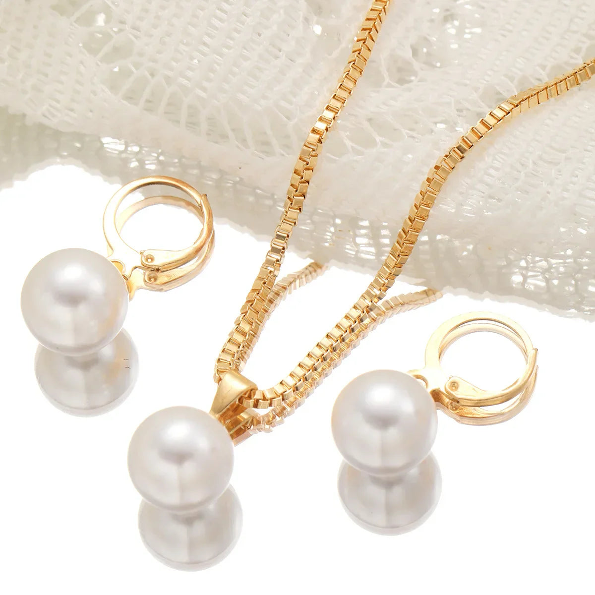 3 Pcs/Set Round Pearl Pendant Necklace For Women Exquisite Fashion Rhinestone Double  Earring Wedding Jewelry Set Gift
