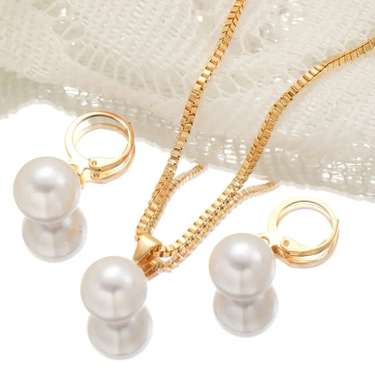3 Pcs/Set Round Pearl Pendant Necklace For Women Exquisite Fashion Rhinestone Double  Earring Wedding Jewelry Set Gift