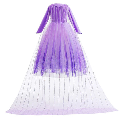 Frozen Cartoon Movie Elsa in Castle Purple Ball Gown with Long Train Princes Snow Queen Elsa Dress for Girls Role Play Halloween