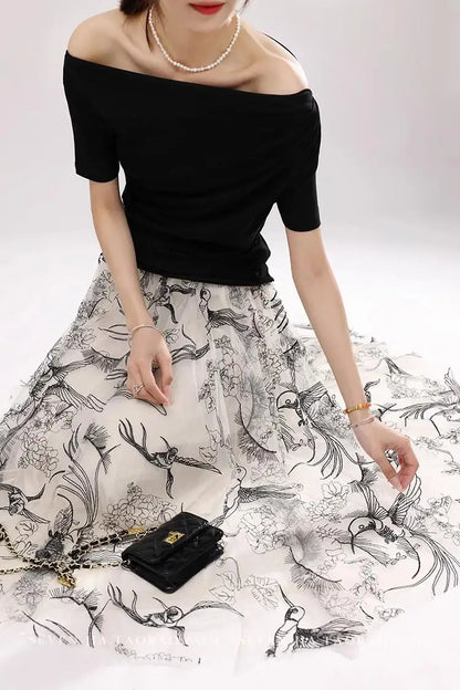 Women Flocking Flower Tulle Gauze Skirt Elegant Sweet Elastic Waist Midi Floral Mesh Skirt For All Season
