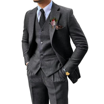 Black/Brown Men 3 Pieces Herringbone Suit Formal Business Tweed Groom Tuxedo for Men Wedding Men's Suit Jacket Vest Pants Set