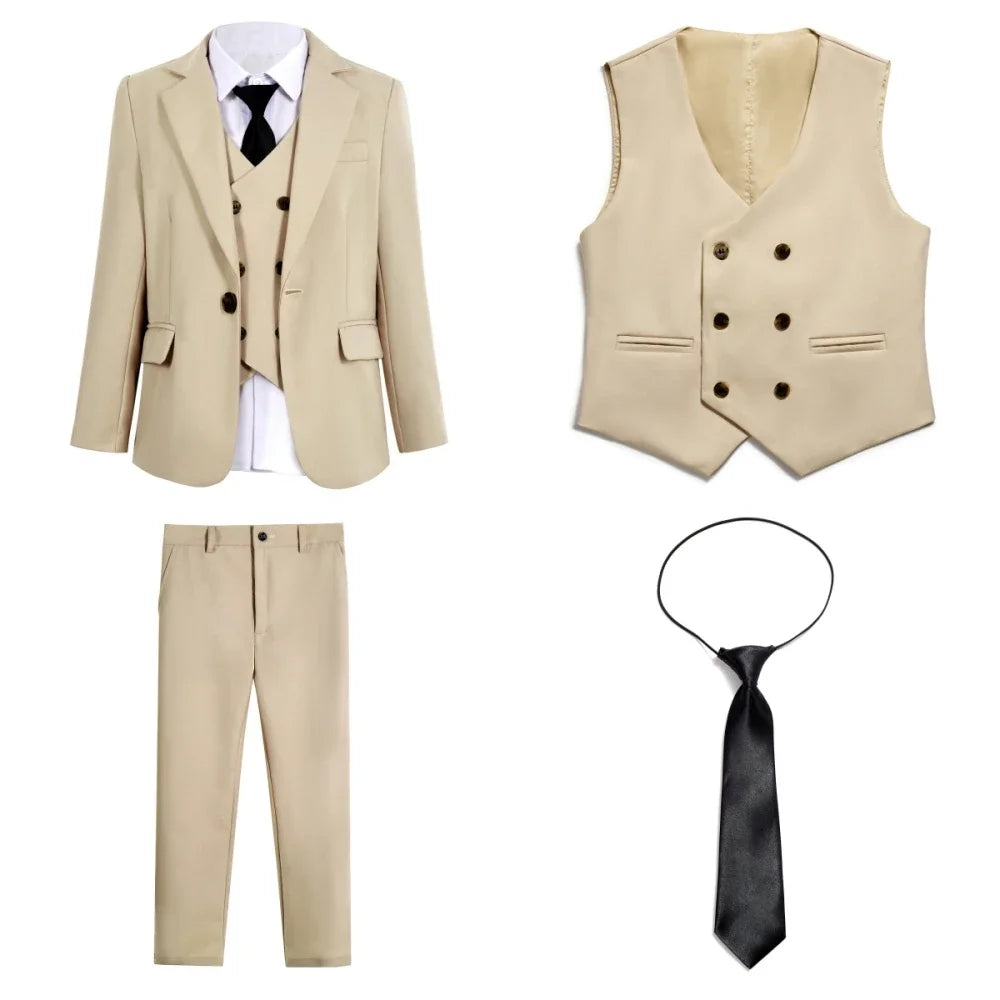 Casual Smart Kids Suit Set 4 Pieces 3 Colors Available Notched Lapel Comfortable Long Sleeved Boys Tuxedo Plus Size 3-14T
