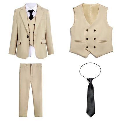Casual Smart Kids Suit Set 4 Pieces 3 Colors Available Notched Lapel Comfortable Long Sleeved Boys Tuxedo Plus Size 3-14T
