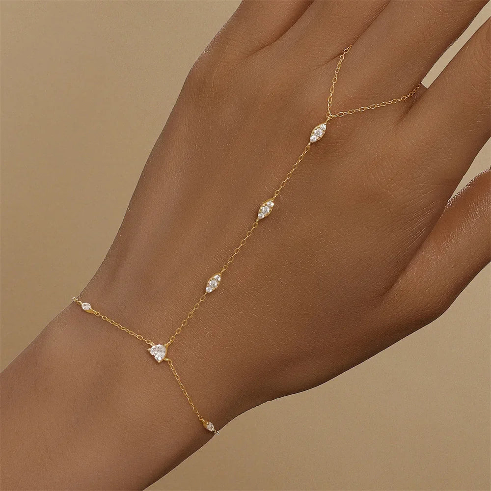 5A Zircon Finger Ring Chain Bracelets Horse Eye Lucky Clover Lab diamond Bracelet for Women Adjustable 925 Silver Jewelry
