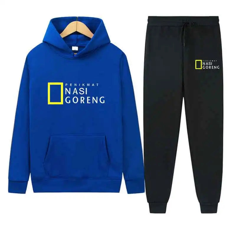 Autumn Men Gray Blue Casual 2PC Sets Trend Hoodie Tops Slim Pants Warm Sweatshirts Street Fashion Concise Printed Sports Suit