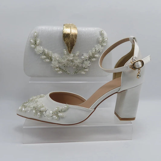 2024 White Pearl wedding shoes with matching bags High heels Pointed Toe Ankle Strap Ladies Party shoe and bag set Pearl Shoe