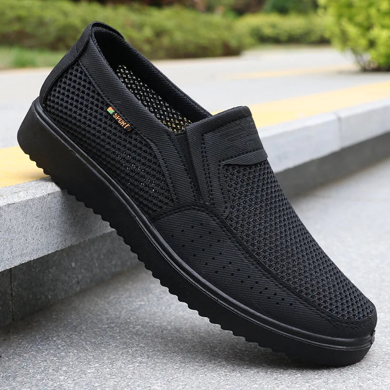 Men's Summer Mesh Breathable Slip-On Casual PU Driving Sandals Low-Top Round-Toe Slip-On Shoes with Textile Inner Sole