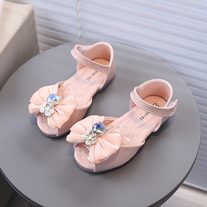 Girl's Fish Mouth Shoes with Rhinestone Bear Decos Prom Party Sandals for Kids Girl Nice Butterfly-knot Students Footwear I10281