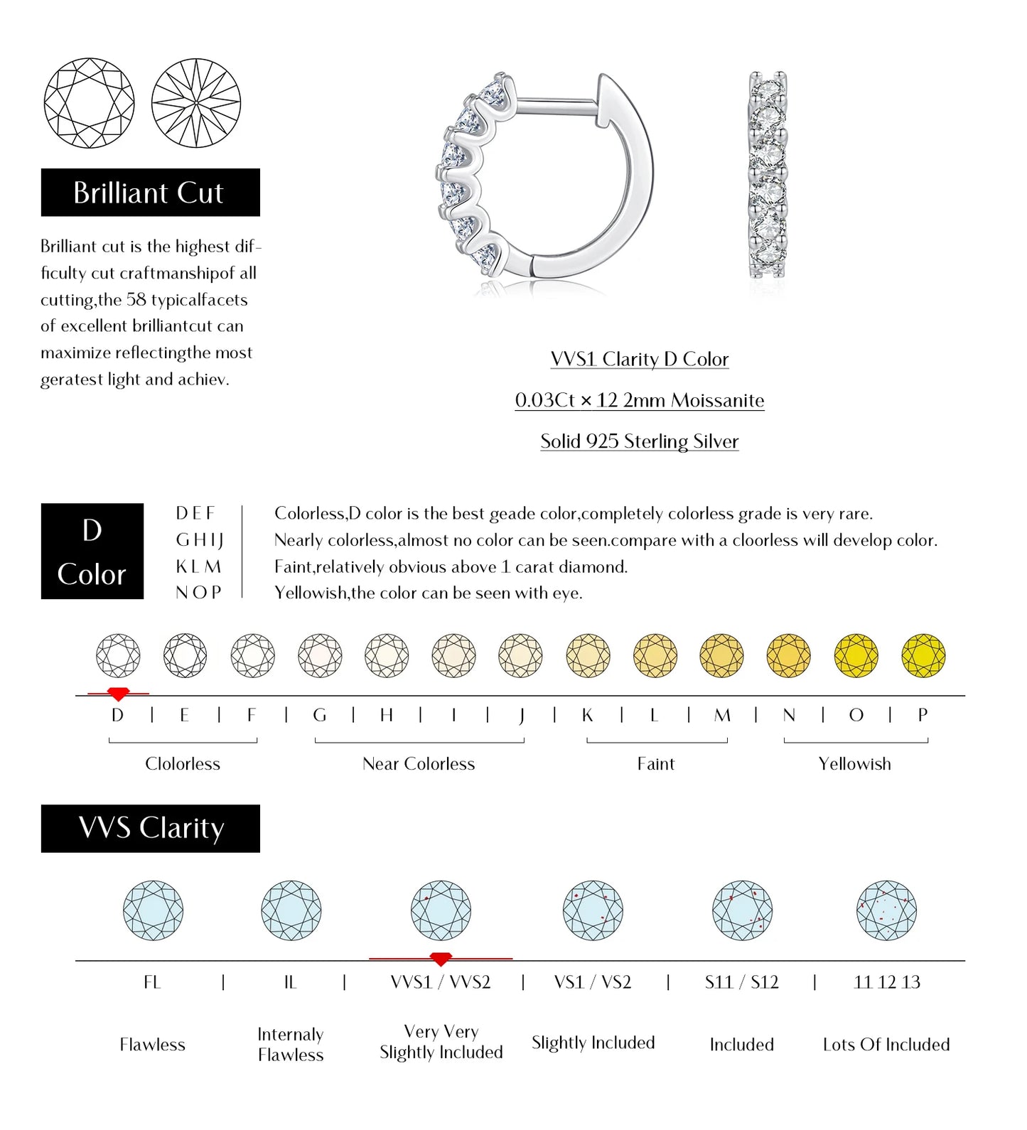 Moissanite Small Hoop Earrings 925 Sterling Silver Hollow Sparkling Ear Buckles For Women Wedding Fine Jewelry