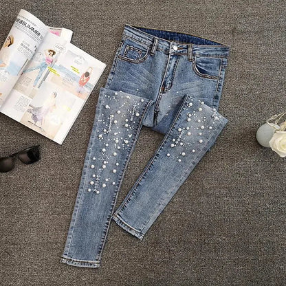 Nailed Bead Jeans Women Spring/Summer New Versatile Hole Breaking Elastic Skinny Pencil Pants Female Casual Denim Pants