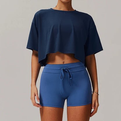 Camiseta Esportiva Feminina de Algodão Manga Curta Dança Corrida Yoga Fitness Cropped Top Mostrando o Umbigo Novo Solto para Academia