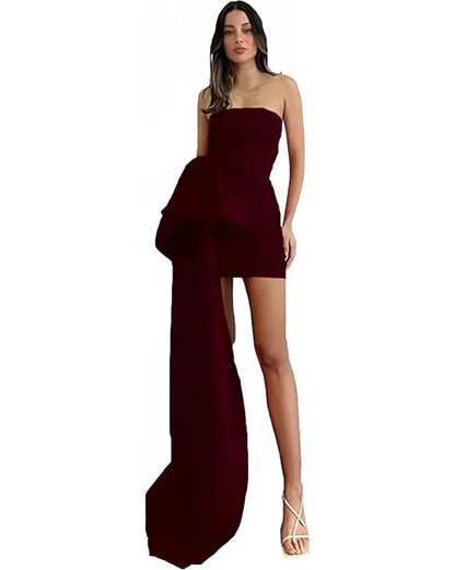 Satin Homecoming Dresses Short A Line Prom Dress Strapless Zipper Open Back Side Big Bow Mini Cocktail Gown Dance Party Dress