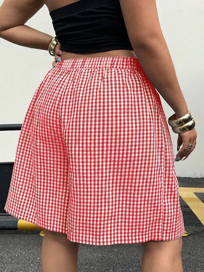 Ladies plus Size Spring Simple Casual Black White Plaid Shorts Wide Leg Pants Trousers for Women