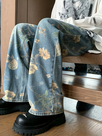 High-Quality Large-Flower Jeans, Summer Thin Style, 2025 New High-Waisted Slimming Straight-Leg Loose Wide-Leg Pants