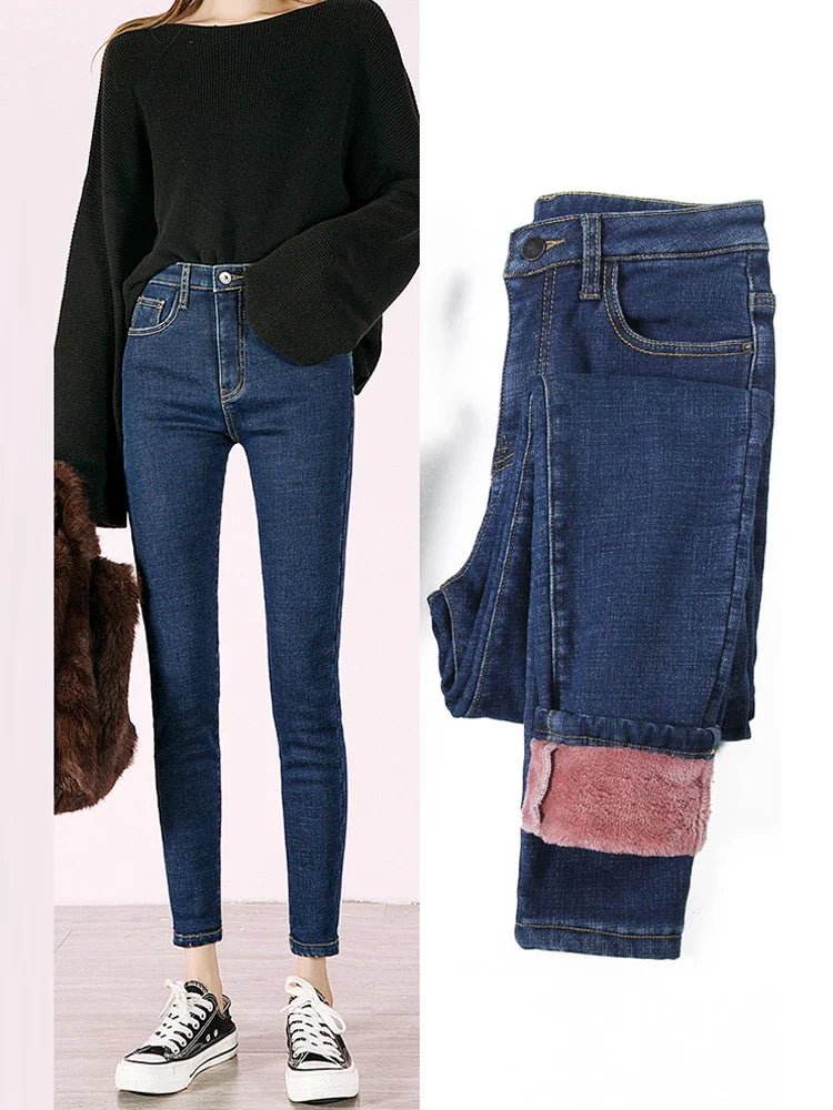 Women's Thick Warm Jeans, Stretch Tight Pencil Pants