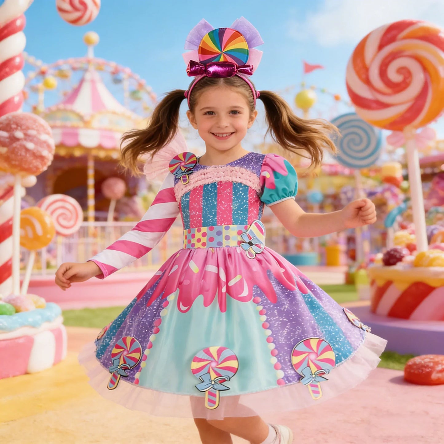 Girls Candy Fairy Lollipop Cosplay Costume Toddler Carnival Purim Rainbow Vestidos Girls Birthday Party Long Short Sleeves Dress