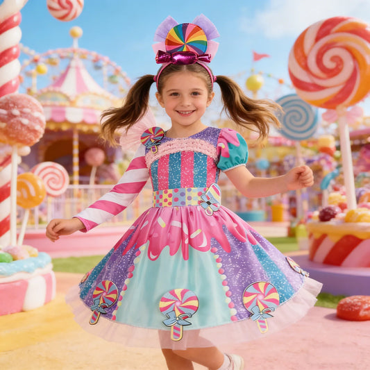 Girls Candy Fairy Lollipop Cosplay Costume Toddler Carnival Purim Rainbow Vestidos Girls Birthday Party Long Short Sleeves Dress