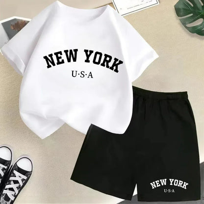 Summer Short Sleeve New York USA Letter Graphic Kid Tshirt +shorts 2pcs Set Baby Boy Girl Clothes Sport Cotton Children Outfit