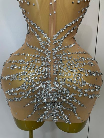 Rhinestones Sexy Mesh See Through Dress Party Evening Prom Celebrate Birthday Dress Singer Dancer Show Stage Wear