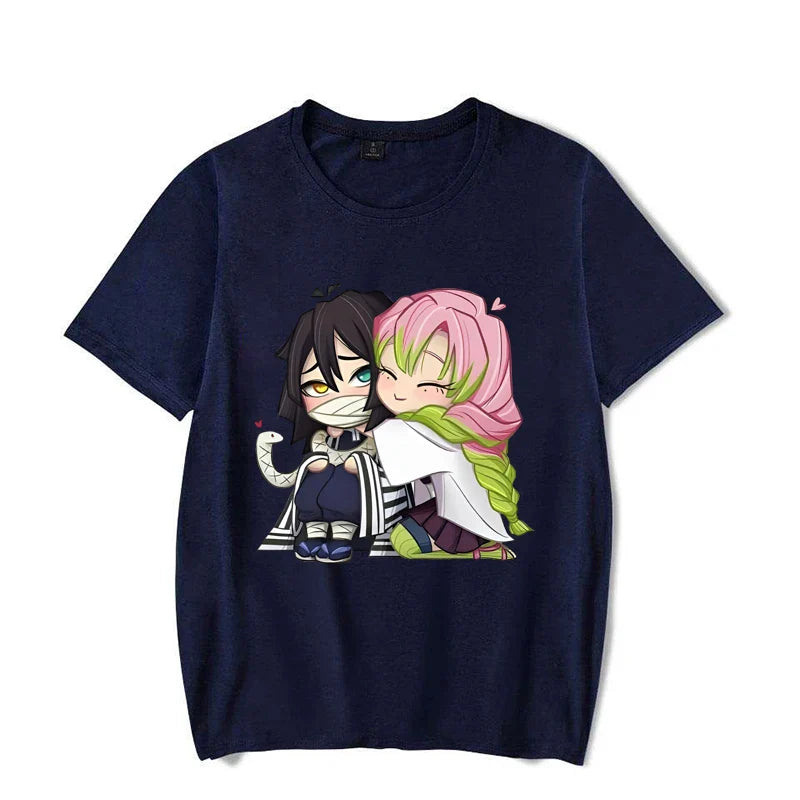 Funny Kanroji Mitsuri Iguro Obanai Cartoon Print T-Shirt Couple Loose Short Sleeve Round Neck Top Anime Casual Shirt Tees
