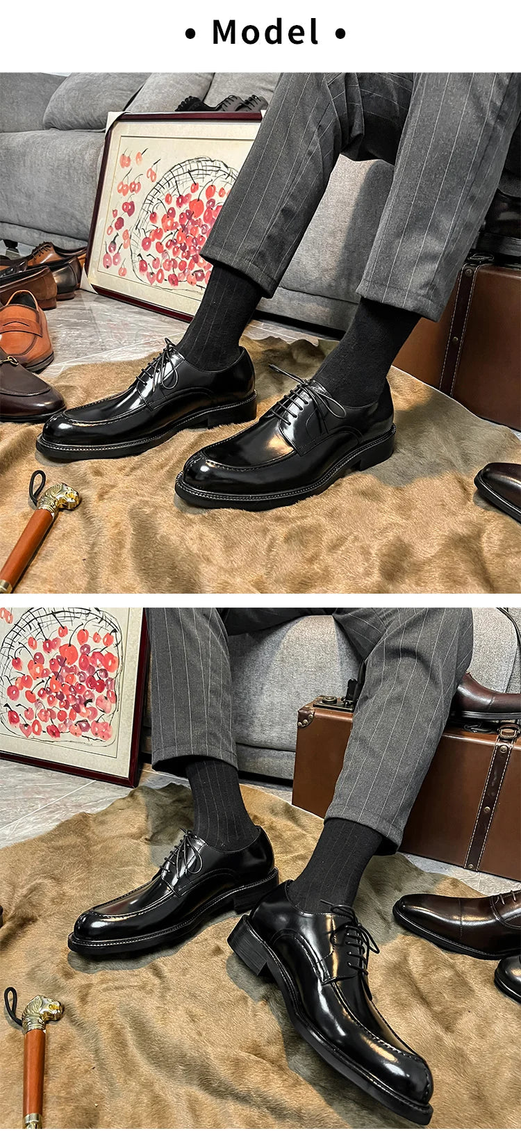 Genuine Leather Classic Black Lace Up Pointed Toe Wedding Formal Elegant Derby Shoes For Men With Free Shipping