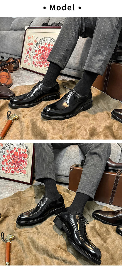 Genuine Leather Classic Black Lace Up Pointed Toe Wedding Formal Elegant Derby Shoes For Men With Free Shipping