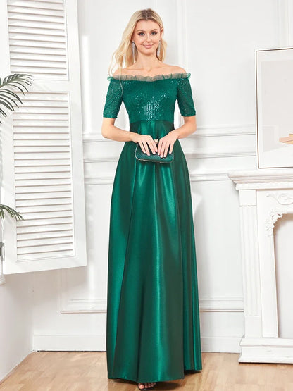 Luxury Green Sequins Off-shoulder Evening Dress 2025 Women Satin Wedding Party Prom Floor Lenght Cocktail Graduation Gown