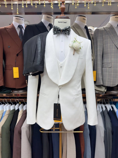 Conjunto de terno jacquard branco completo 3 peças para homens Conjuntos de noivo de casamento Terno masculino elegante com lapela xale Smoking de festa P-3XG