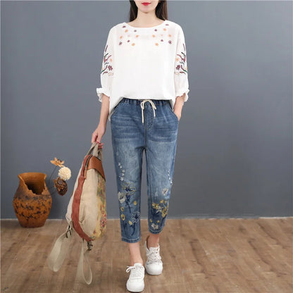 Summer Fashion Ladies Vintage Embroidery Jeans Women Casual Floral Denim Trousers Ripped Harem Pantalons
