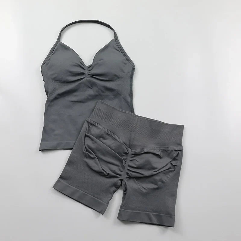Yoga Longline Strappy Top Leggings Set Women's Backless Camisole Built-In bra Vest High-Waisted Hip Lift Gym Shorts Sports Set