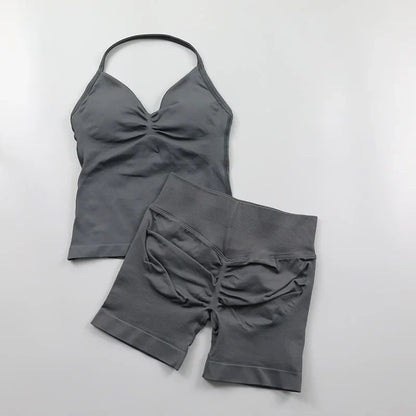 Yoga Longline Strappy Top Leggings Set Women's Backless Camisole Built-In bra Vest High-Waisted Hip Lift Gym Shorts Sports Set
