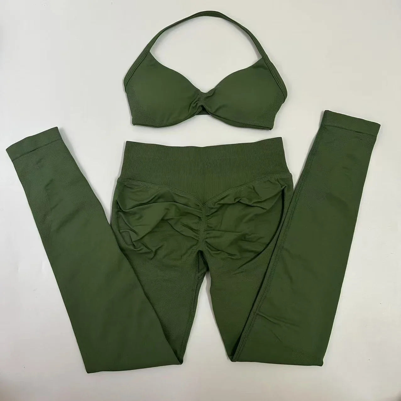 2pcs Seamless Yoga Set Women Yoga Scrunch Leggings Set Strappy Halter Sports Bra Fitness Gym Clothing Workout Set