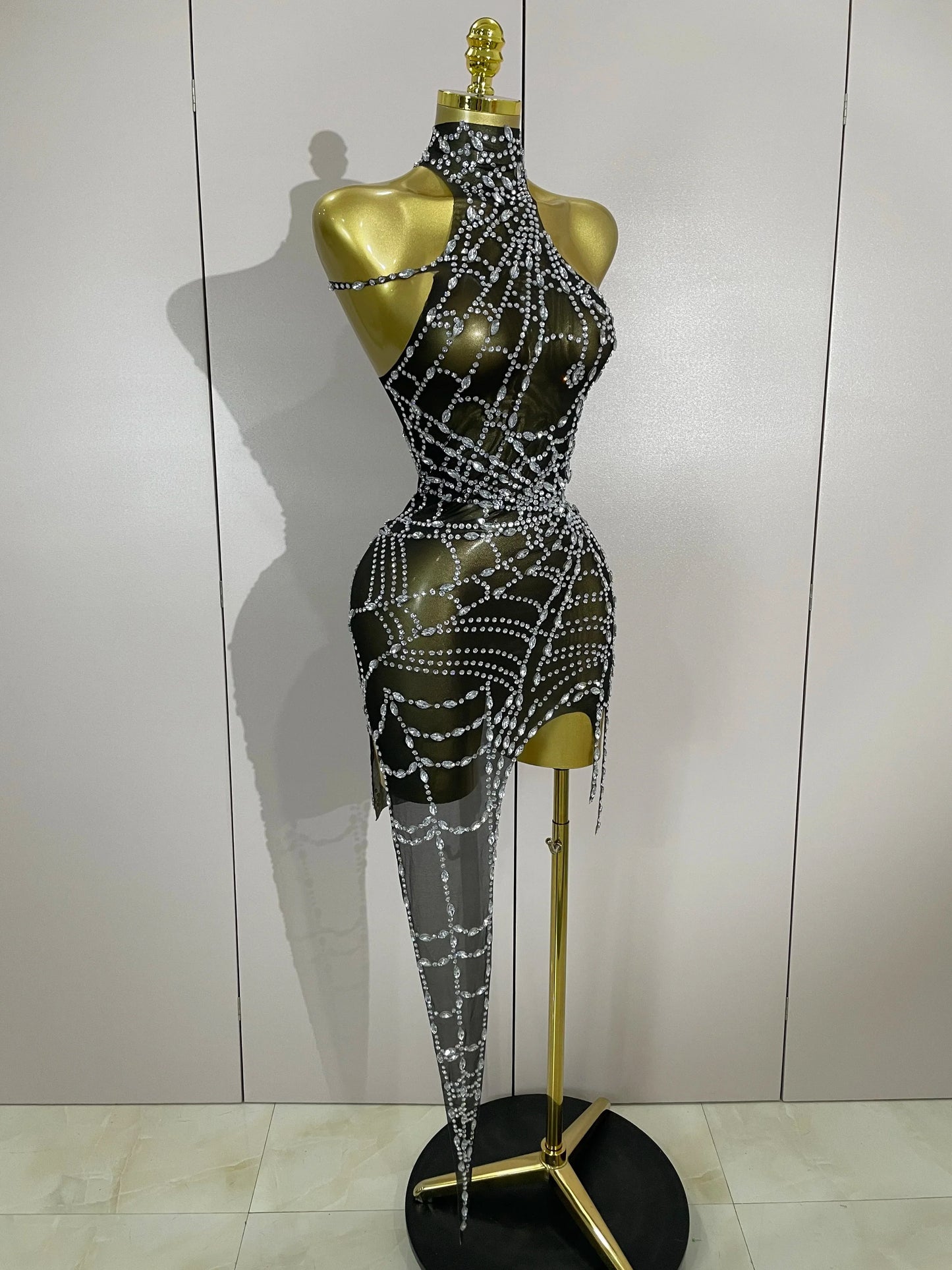 Sparkly Diamond Sexy Mesh Asymmetric Bodycon Mini Dress Women Nightclub Bar Party Show Gogo Dancer Clothing Stage Costume