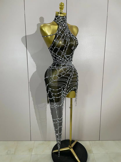 Sparkly Diamond Sexy Mesh Asymmetric Bodycon Mini Dress Women Nightclub Bar Party Show Gogo Dancer Clothing Stage Costume