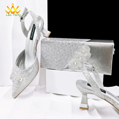 2026 Special Design Sky Blue Color New Design Shoes and Bag with Shinning Crystal for Party Women