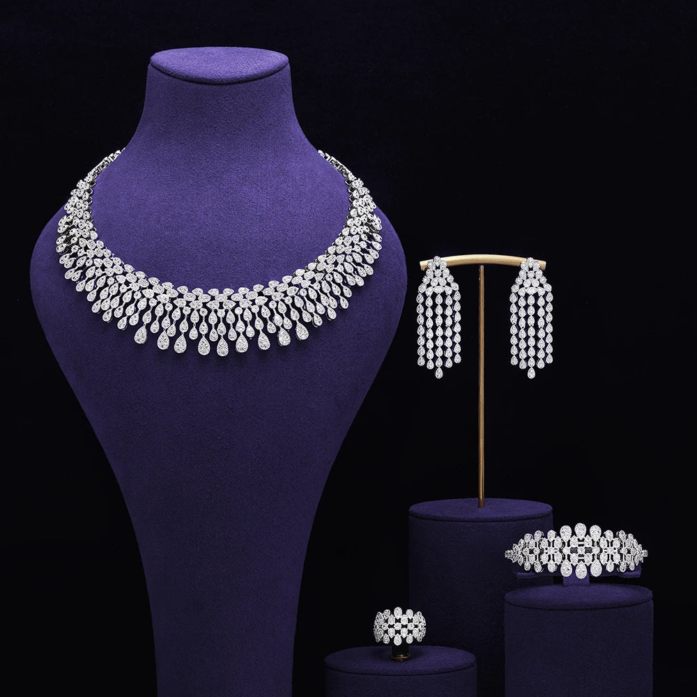 4 pieces of bride zirconia full set of women's party jewelry, luxury Dubai Nigeria CZ luxury crystal wedding necklace set