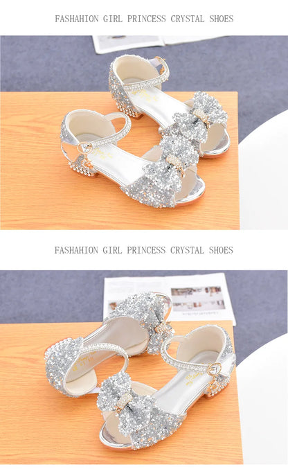 Children's Sandals Summer Princess Crystal Shoes 2024 New Girls High Heels Fashion Sequins Girls Soft Bottom Performance Shoes