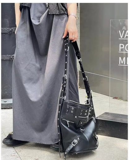 High Street Vintage Handbag Women New Rivet Large Capacity Casual Crossbody Bags Ladies Moto Biker Black Messenger Bag