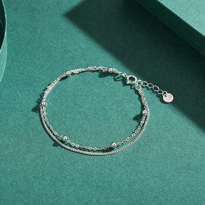 Silver Double Layer Beads Link Chain 100% 925 Sterling Silver Trendy Simple Female Bracelet For Women Wedding Jewelry